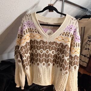 POL V-Neck Sweater - Cream, Brown, Purple, Gold